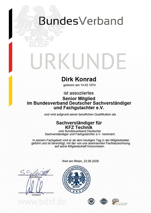 Certificate from Bundesverband Deutscher Sachverständiger und Fachgutachter e.V. for Dirk Konrad, certifying Senior Member status in Expert Services for KFZ Technik, dated June 23, 2026